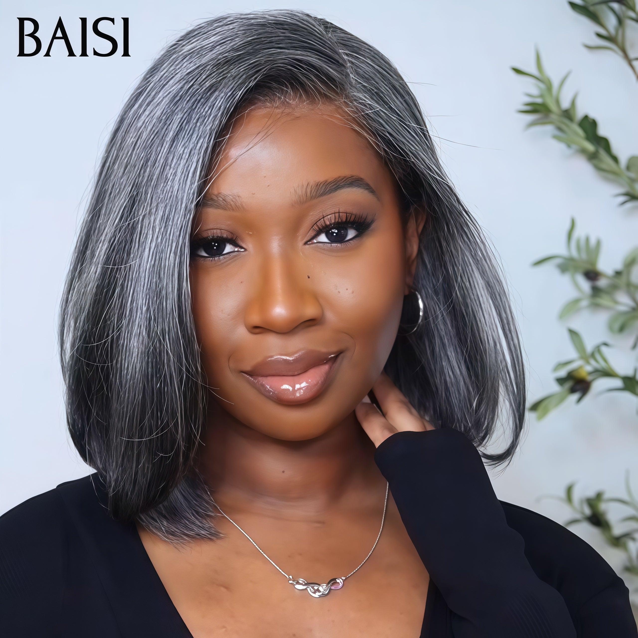BAISI Collection Poivre et Sel 13X4 lace Perruque Lisse Couleurs personnalisées gris 10 Pouces 118€ Lace déjà couper Facile à Porter en 100% Cheveux Humains