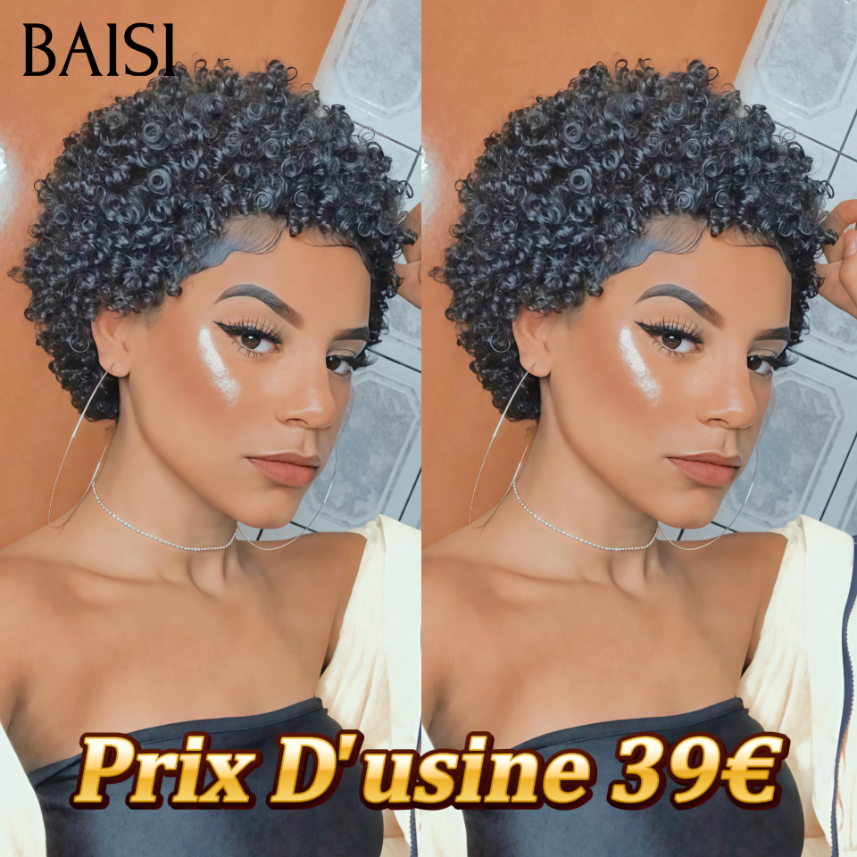 BAISI Achetez 2 perruques minimum au prix d'usine fournisseur Pixie Coupe 39€ Sans Colle NOIR ou 13X4 Lace Perruque Bouclé Body Wave En Couleur Marron 1BT4# (Pas Besoin de Code)