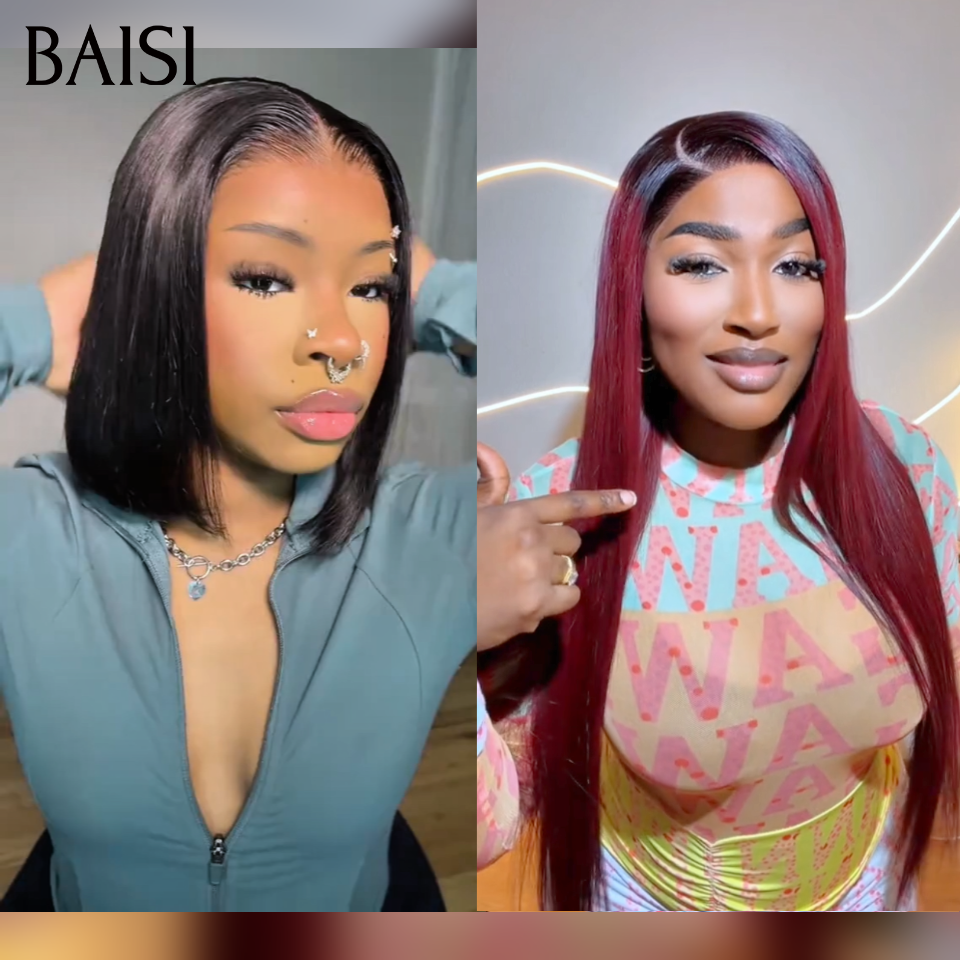 BAISI 2 Pour 149€ 13x4 Lace frontal Lisse 1BT99J# et blended human hair BOB ou Moitié Prix 69€ 13x4 lace frontal Perruque Bob lisse 10 Pouces en couleur Miel avec racine Marron en 100% Cheveux Humains