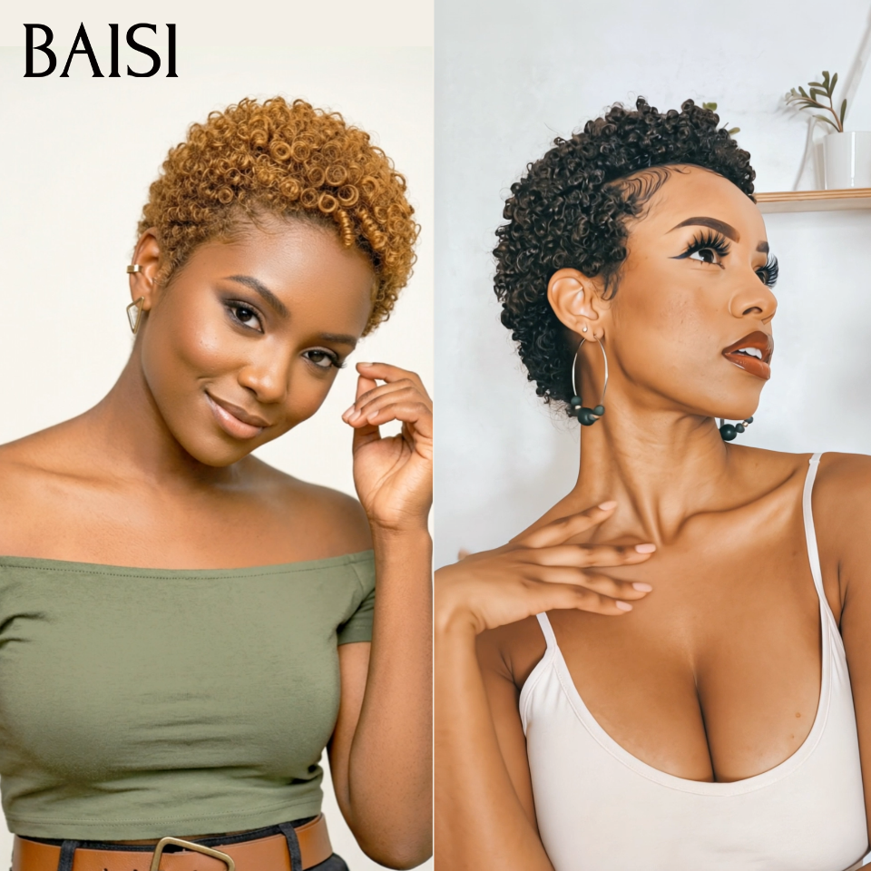 BAISI 2 Pixie Sans Colle 68€ Pixie afro curly ou 2 Perruques de Luxe Frontal 300€ Fabriquées par les cheveux double drawn 250% densité en 100% vrais cheveux humains