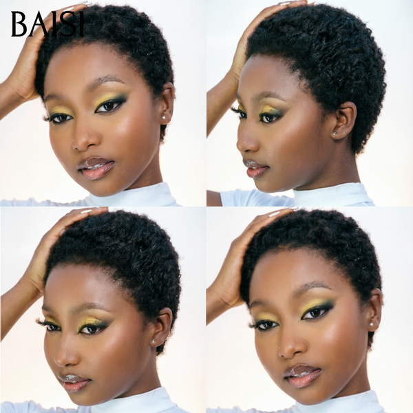 BAISI pixie afro curly perruque noir sans colle 45€ ou 905# avec frontal 69€ en 100% Cheveux Humains