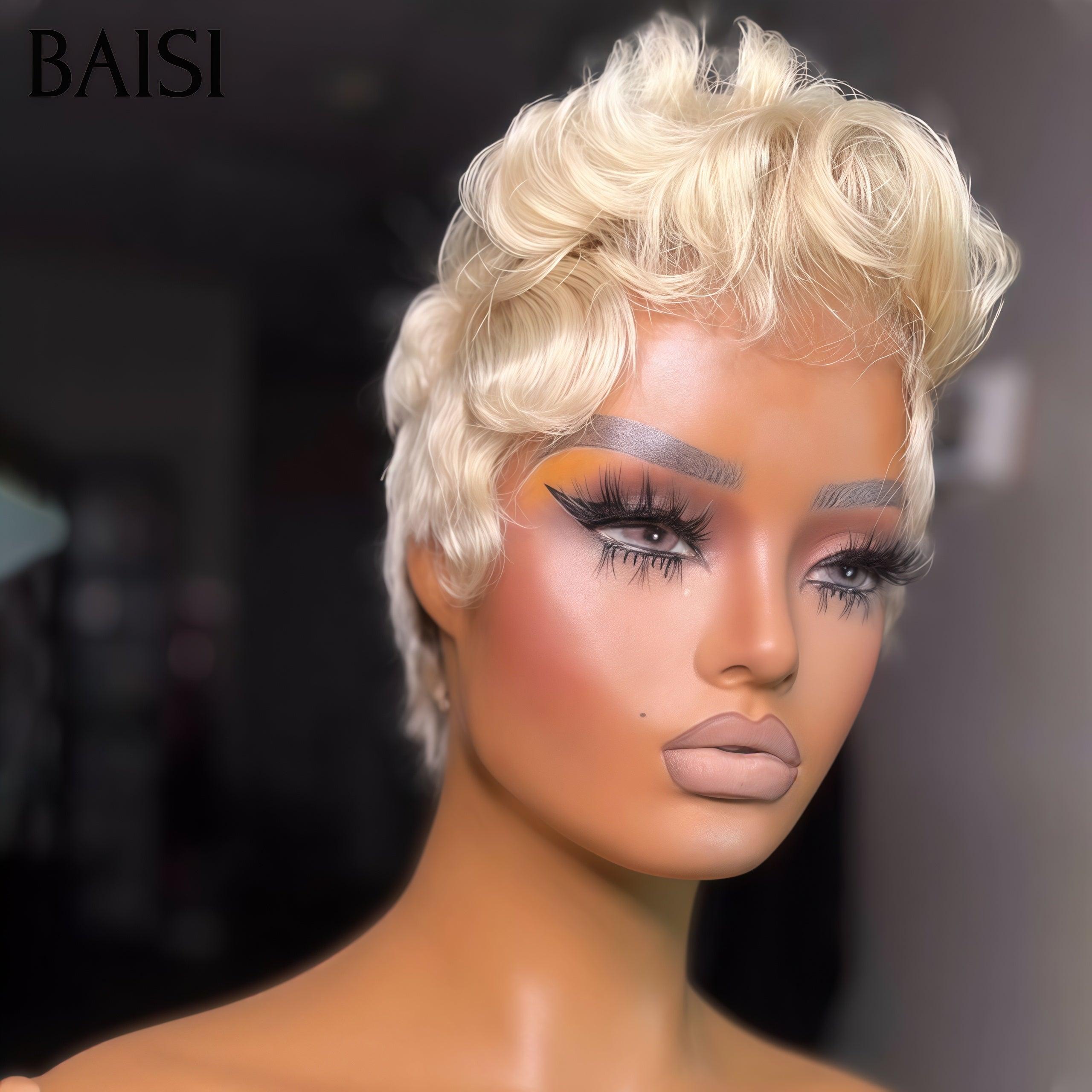 BAISI 13X4 lace Perruque Pixie vague Coiffure 2 couleur Mixte ou blonde 613# 6 Pouces Naturelle wave en 100% Cheveux Humains