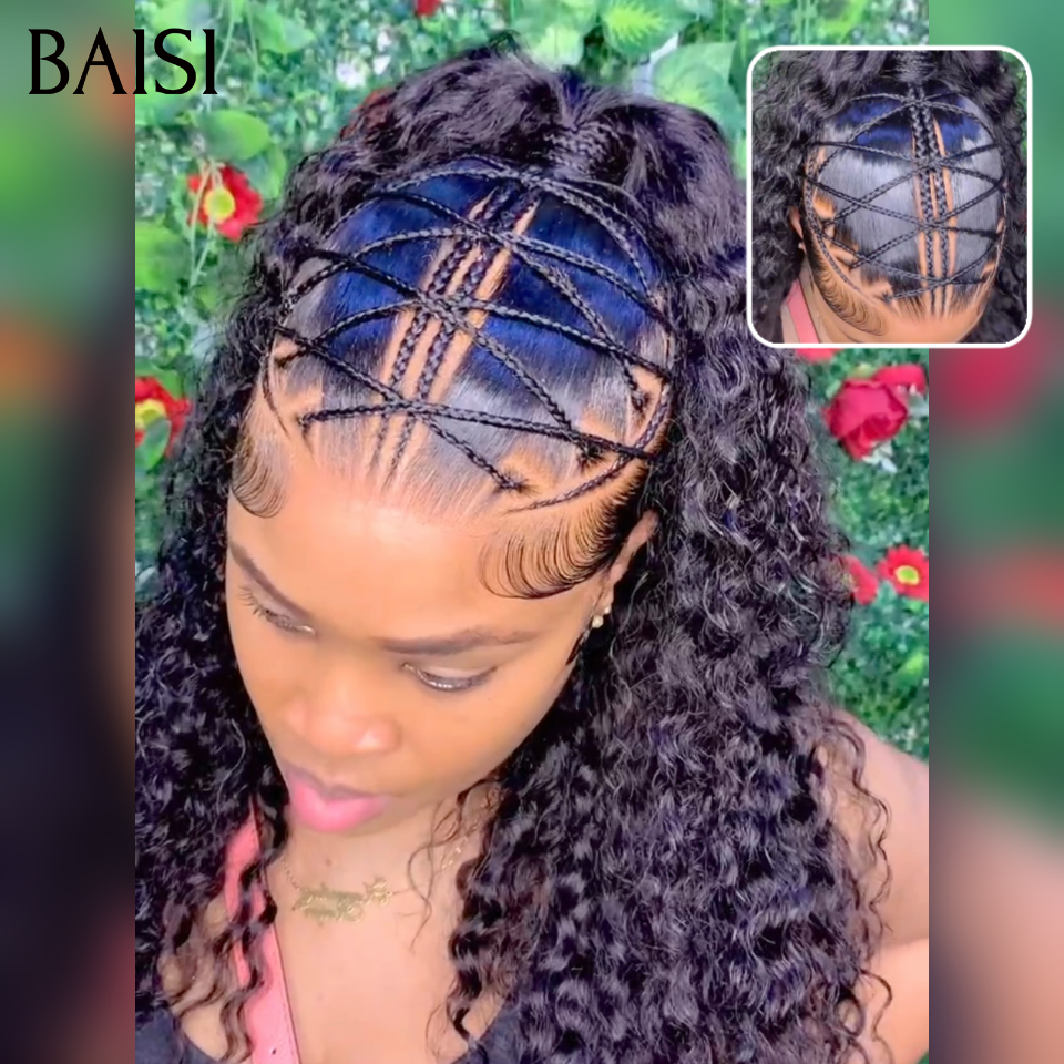Prêt-à-porter 13x4 lace frontal Perruque Déjà Coiffée curly wave avec coiffure tressée natte Nouveau produit en 20 pouces pour seulement 149€ en 100% Cheveux Humains
