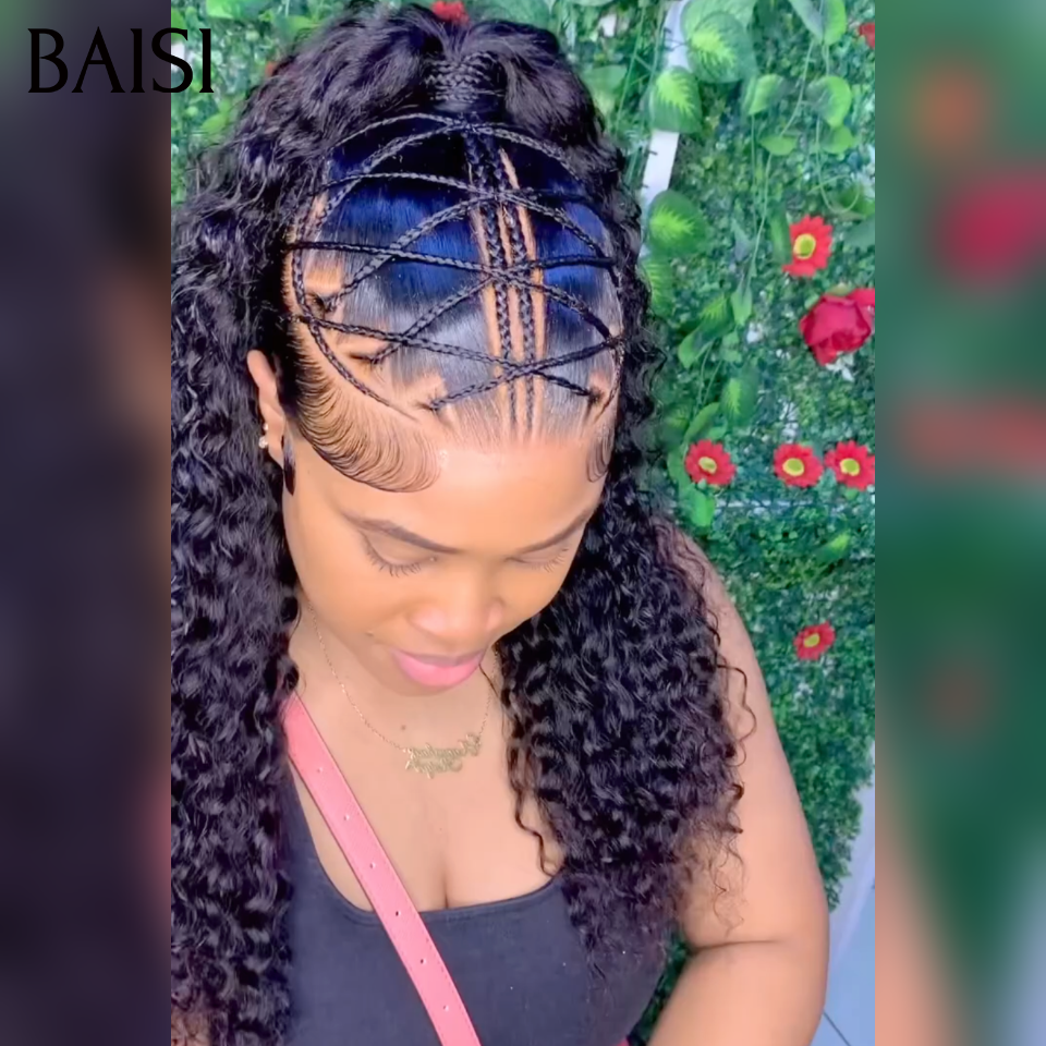 Prêt-à-porter 13x4 lace frontal Perruque Déjà Coiffée curly wave avec coiffure tressée natte Nouveau produit en 20 pouces pour seulement 149€ en 100% Cheveux Humains