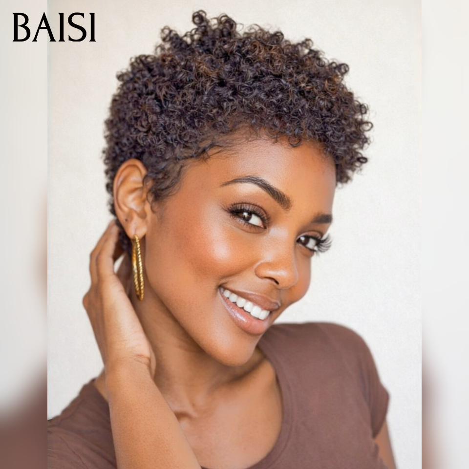 BAISI Promotion pixie afro curly wave en noir mixte marron 50€ ou 4 Perruques 180€ Fabriqué à la Machine finger wave et egg wave et Lisse 100% Cheveux Humains