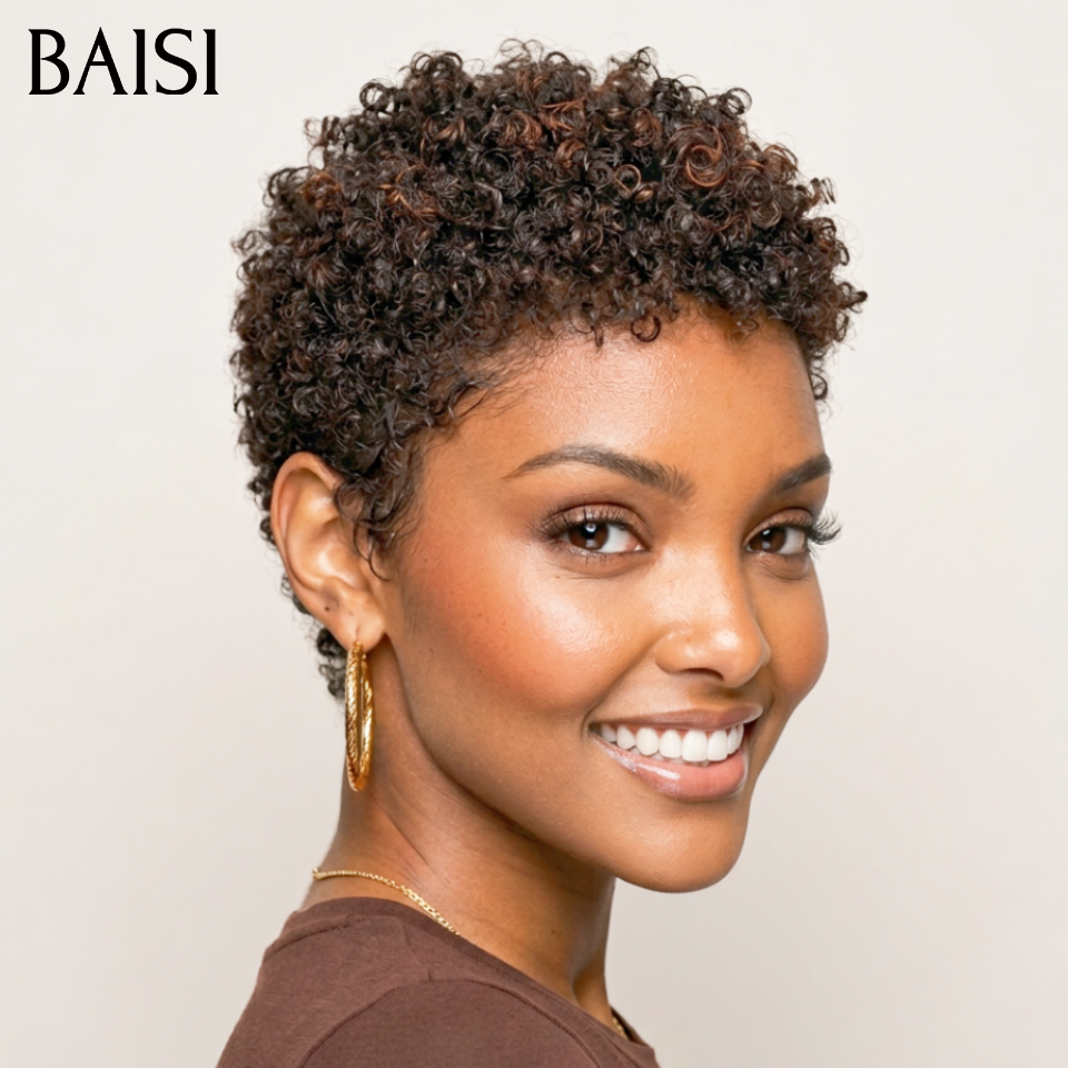 BAISI Compre no mínimo 2 perucas ao preço de fábrica do fornecedor em França IVA 0€ Entrega em 48H pixie sem lace afro curly wave em preto castanho misto 40€ ou 13x4 Lace Frontal Peruca BOB Deep Wave Bob Sem Cola Lace em 100% Cabelo Humano