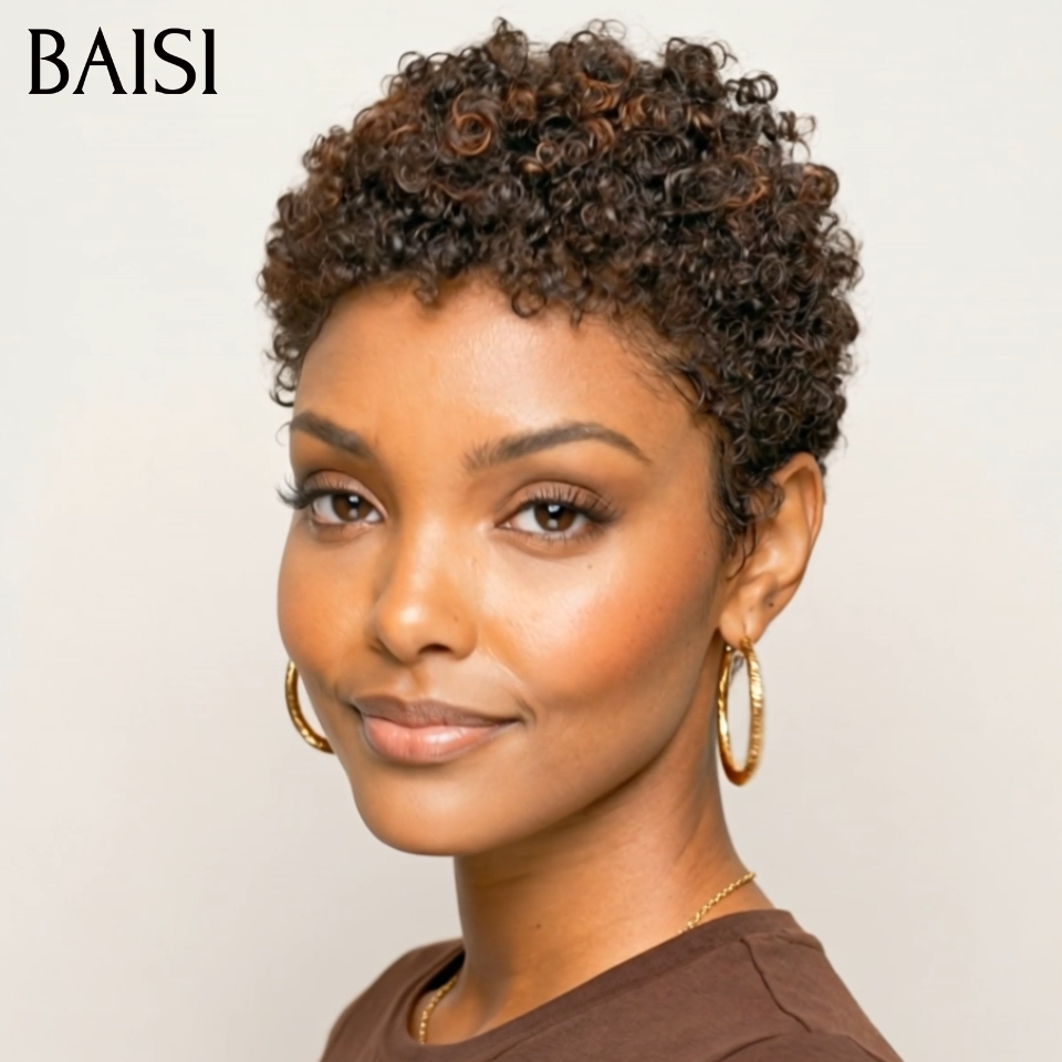 BAISI Compre no mínimo 2 perucas ao preço de fábrica do fornecedor em França IVA 0€ Entrega em 48H pixie sem lace afro curly wave em preto castanho misto 40€ ou 13x4 Lace Frontal Peruca BOB Deep Wave Bob Sem Cola Lace em 100% Cabelo Humano
