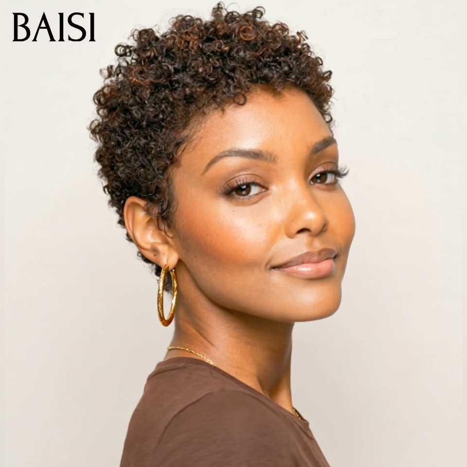 BAISI Compre no mínimo 2 perucas ao preço de fábrica do fornecedor em França IVA 0€ Entrega em 48H pixie sem lace afro curly wave em preto castanho misto 40€ ou 13x4 Lace Frontal Peruca BOB Deep Wave Bob Sem Cola Lace em 100% Cabelo Humano