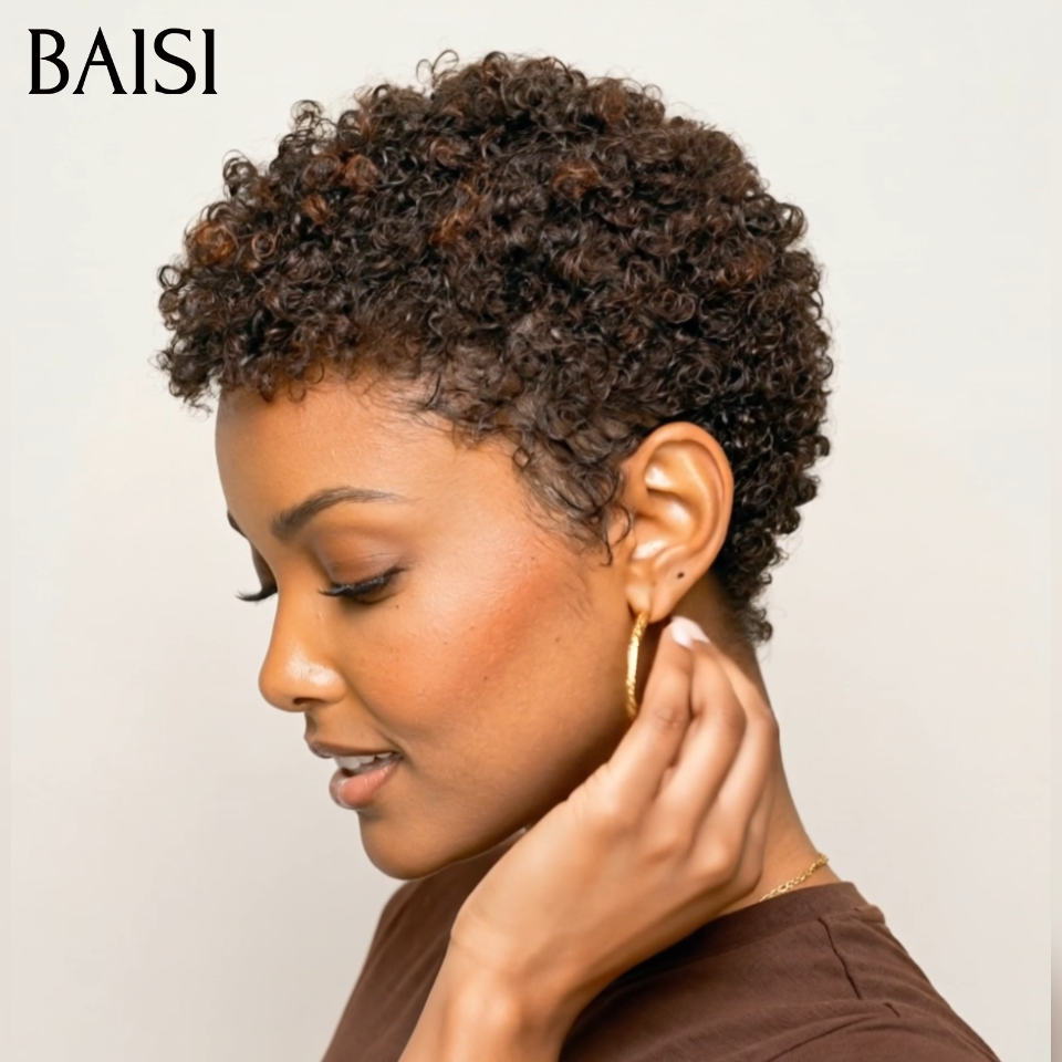 BAISI Compre no mínimo 2 perucas ao preço de fábrica do fornecedor em França IVA 0€ Entrega em 48H pixie sem lace afro curly wave em preto castanho misto 40€ ou 13x4 Lace Frontal Peruca BOB Deep Wave Bob Sem Cola Lace em 100% Cabelo Humano