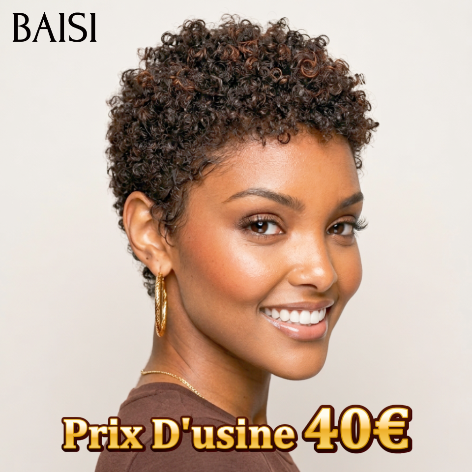 BAISI Compre no mínimo 2 perucas ao preço de fábrica do fornecedor em França IVA 0€ Entrega em 48H pixie sem lace afro curly wave em preto castanho misto 40€ ou 13x4 Lace Frontal Peruca BOB Deep Wave Bob Sem Cola Lace em 100% Cabelo Humano