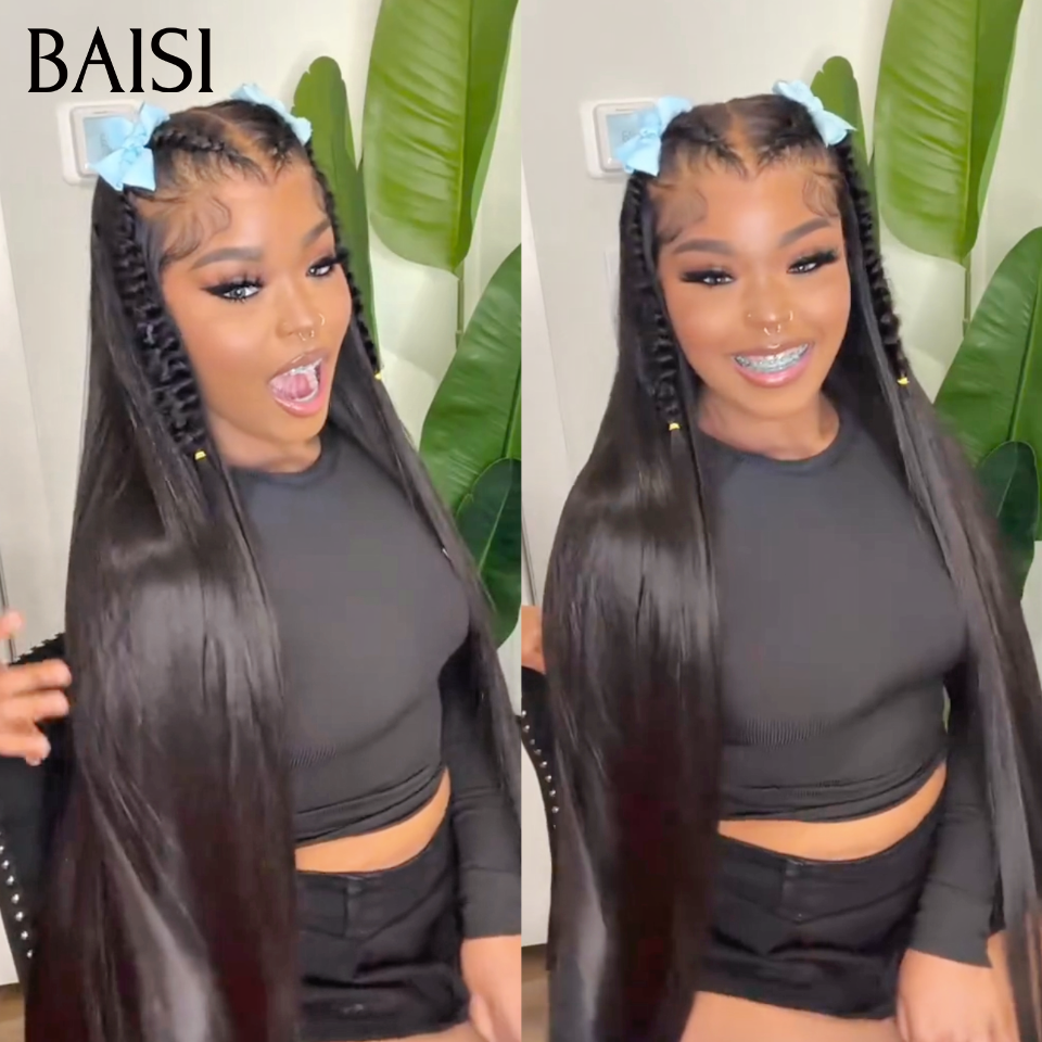 Nouveaux produits lancés 13x4 lace frontal Perruque Coiffée lisse raw hair en Noir avec coiffure tressée natte Les longueurs disponibles vont de 18 à 40 pouces en 100% Vrais Cheveux Humains