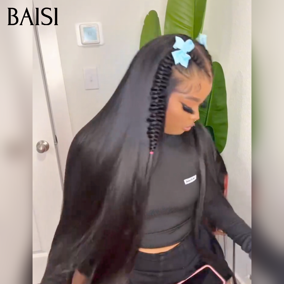 Nouveaux produits lancés 13x4 lace frontal Perruque Coiffée lisse raw hair en Noir avec coiffure tressée natte Les longueurs disponibles vont de 18 à 40 pouces en 100% Vrais Cheveux Humains