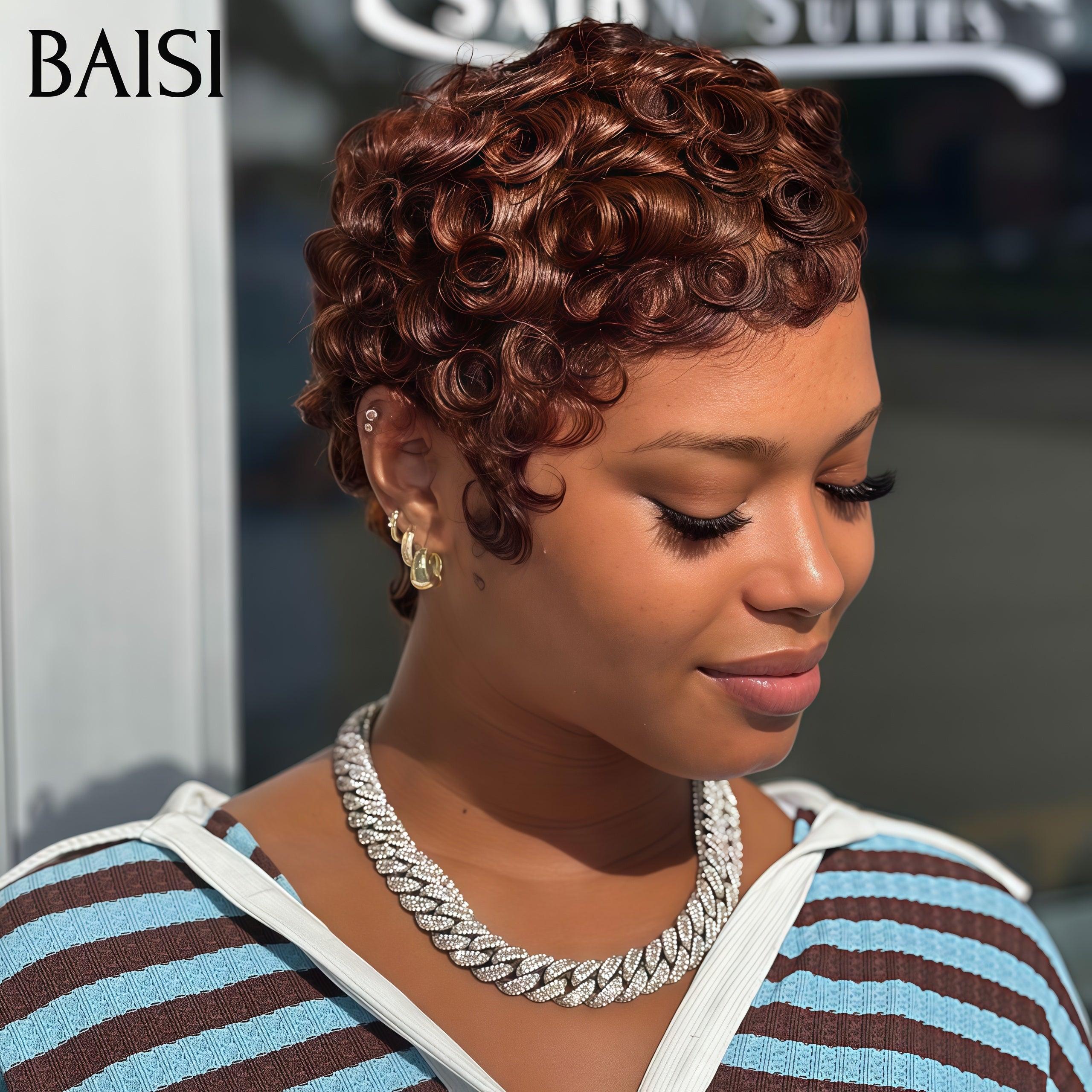 BAISI Perruque Chioma Full Lace 100% Cheveux Naturels Full Lace 123€ moitié prix Perruque Pixie finger Wave petite coupe en Couleur Marron en 100% cheveux humains MP50