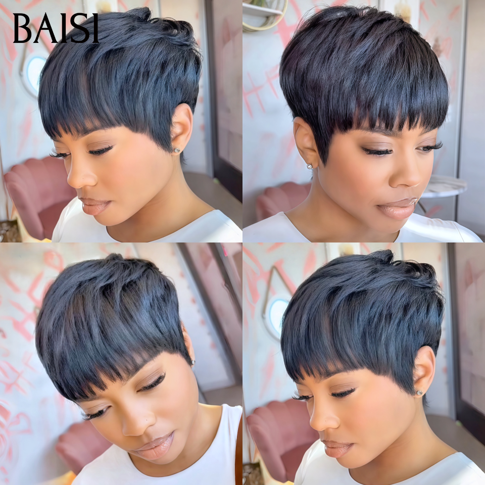 BAISI Promotion Polyvalent perruques sans Colle avec Frange noir Seulement 50€ Promotion en France en 100% vrais cheveux humains