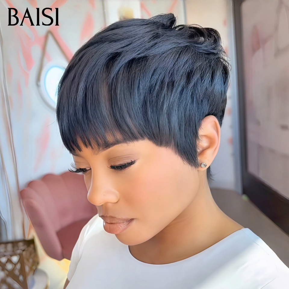 BAISI Promotion Polyvalent perruques sans Colle avec Frange noir Seulement 50€ Promotion en France en 100% vrais cheveux humains