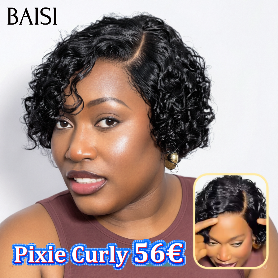 BAISI FLORENCE Parrucca frontale in pizzo Pixie Cut 13x1 Riccia 99J Bordeaux + arancione in veri capelli umani al 100% C