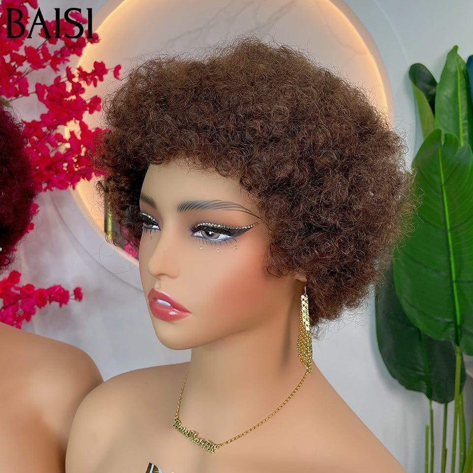 BAISI 2 Couleur Perruques 75€ Pixie Afro sans lace sans colle bouclé partout Marron 4# et bordeaux 99J# en 100% cheveux humains