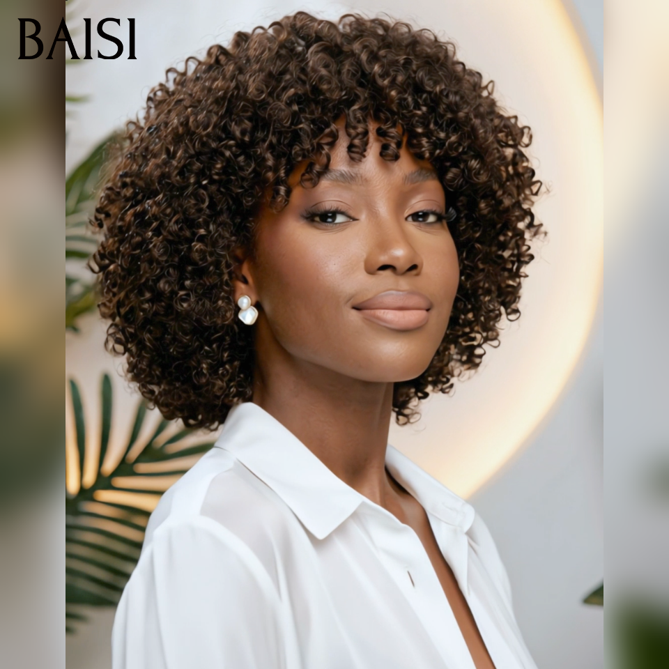 Perruque promo 46€ curly wave avec frange Marron 1BT4# sans colle Fabriqué à la Machine en 100% Cheveux Humains