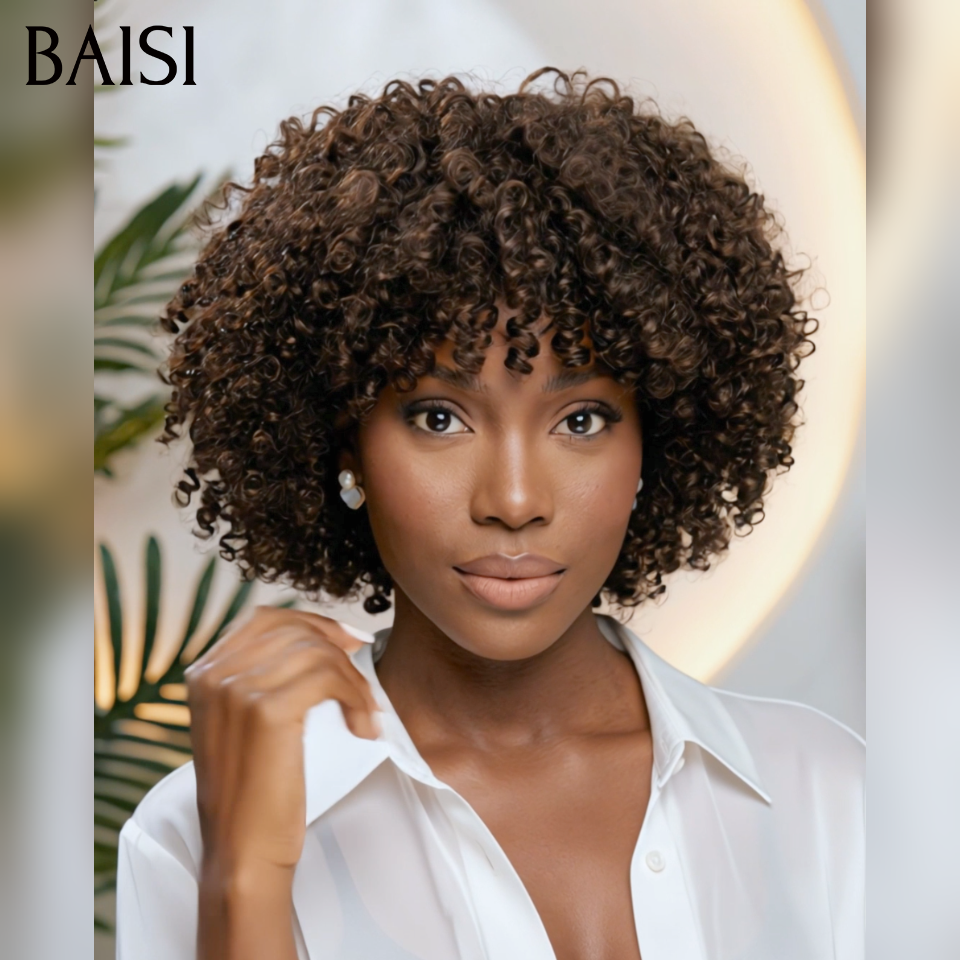 Perruque promo 46€ curly wave avec frange Marron 1BT4# sans colle Fabriqué à la Machine en 100% Cheveux Humains