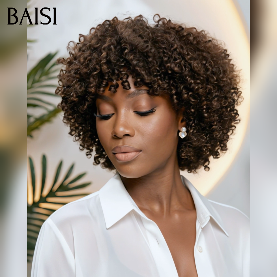 Perruque promo 46€ curly wave avec frange Marron 1BT4# sans colle Fabriqué à la Machine en 100% Cheveux Humains