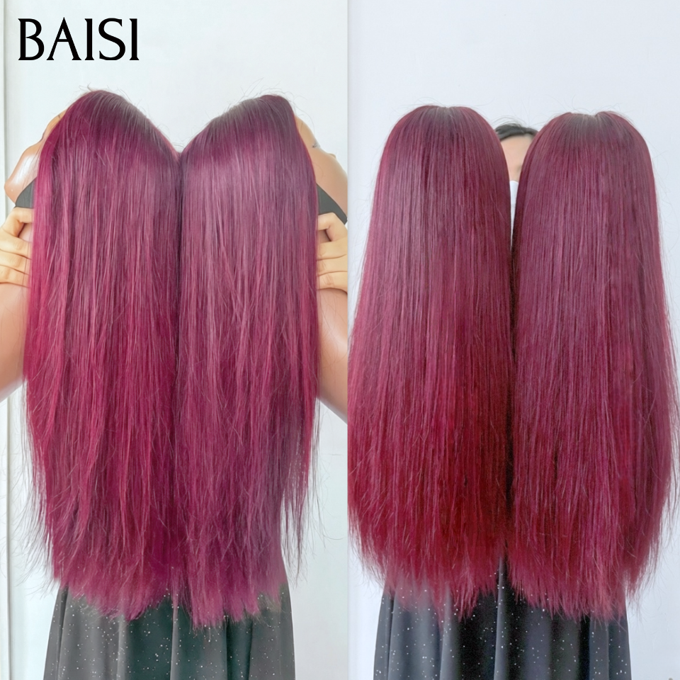 BAISI 13x4 Lace Frontal Perruque Lisse Rouge Bordeaux 18 Pouces 109€ en 100% Cheveux Humains