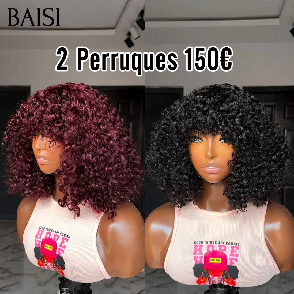 BAISI 2 Perruques pour revendre 150€ Bob curly wave avec Frange 12 pouces couleur NOIR et Bordeaux en 100% vrais cheveux humains