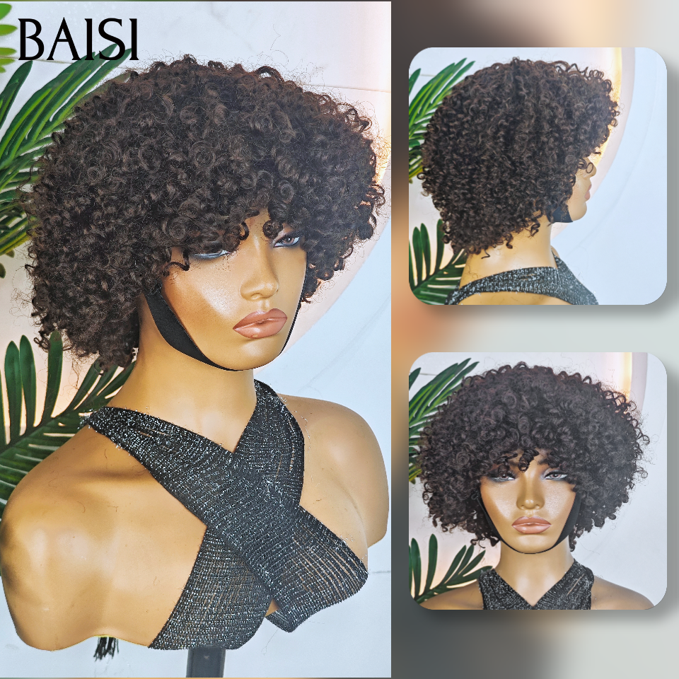 BAISI Perruque pixie 45€ curly Wave avec Frange petite coupe fabriqué à la machine En 100% Cheveux Humains
