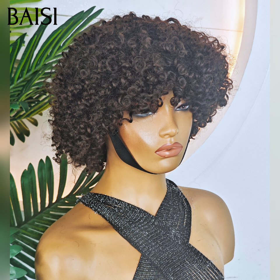 BAISI Perruque pixie 45€ curly Wave avec Frange petite coupe fabriqué à la machine En 100% Cheveux Humains