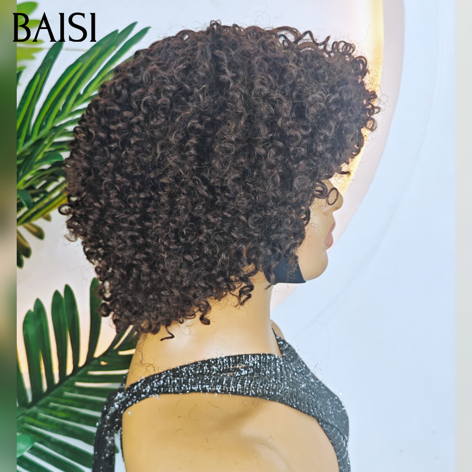 BAISI Perruque pixie 45€ curly Wave avec Frange petite coupe fabriqué à la machine En 100% Cheveux Humains