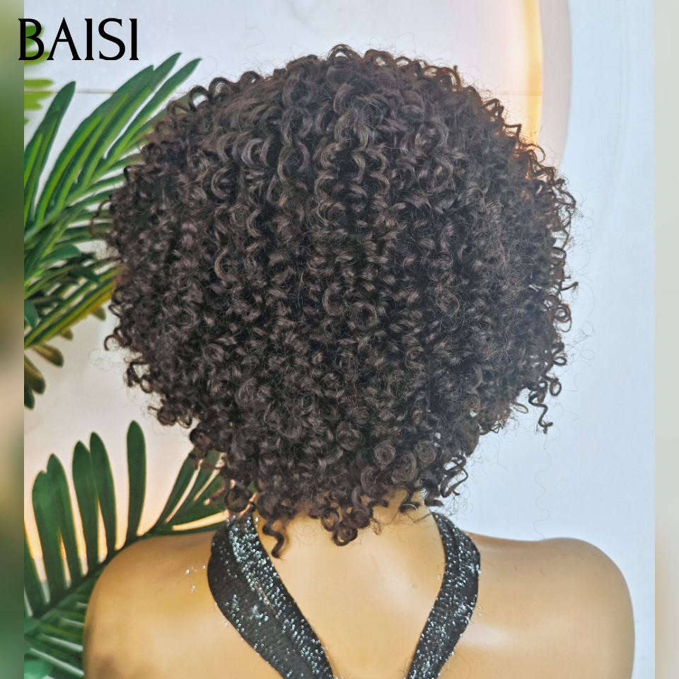 BAISI Perruque pixie 45€ curly Wave avec Frange petite coupe fabriqué à la machine En 100% Cheveux Humains