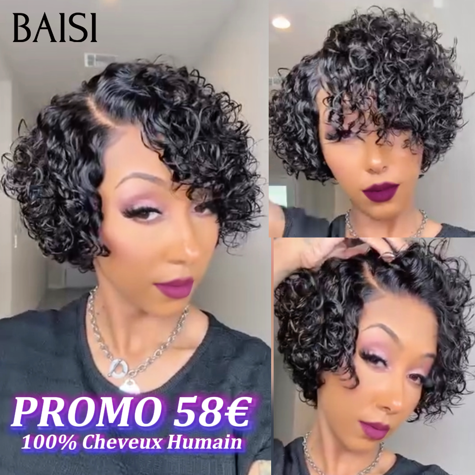 OFFRE FLASH Prêt à porter 58€ Perruque pixie curly wave NOIR Fabriqué à la Machine ou lace frontal curly wave 78€ Promotion en 100% Cheveux Humains