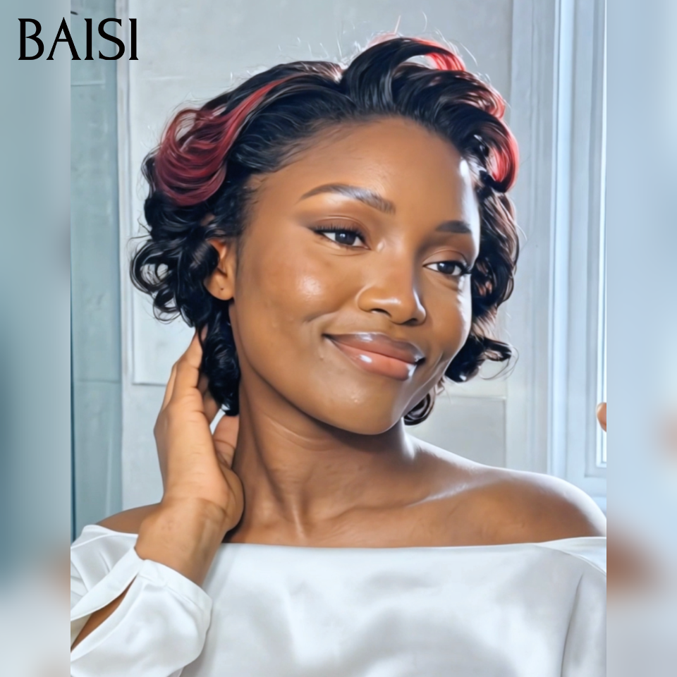 BAISI Perruque Pixie bouclé jolie coupe 52€ Moitié Prix NOIR Mixte Bordeaux 99J# En 100% Vrais Cheveux Humains MP50