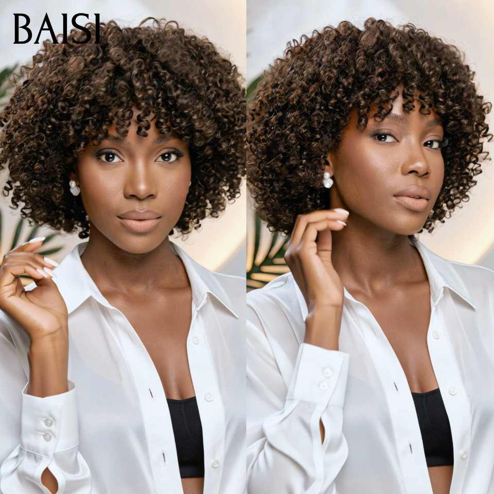 Perruque promo 46€ curly wave avec frange Marron 1BT4# sans colle Fabriqué à la Machine en 100% Cheveux Humains