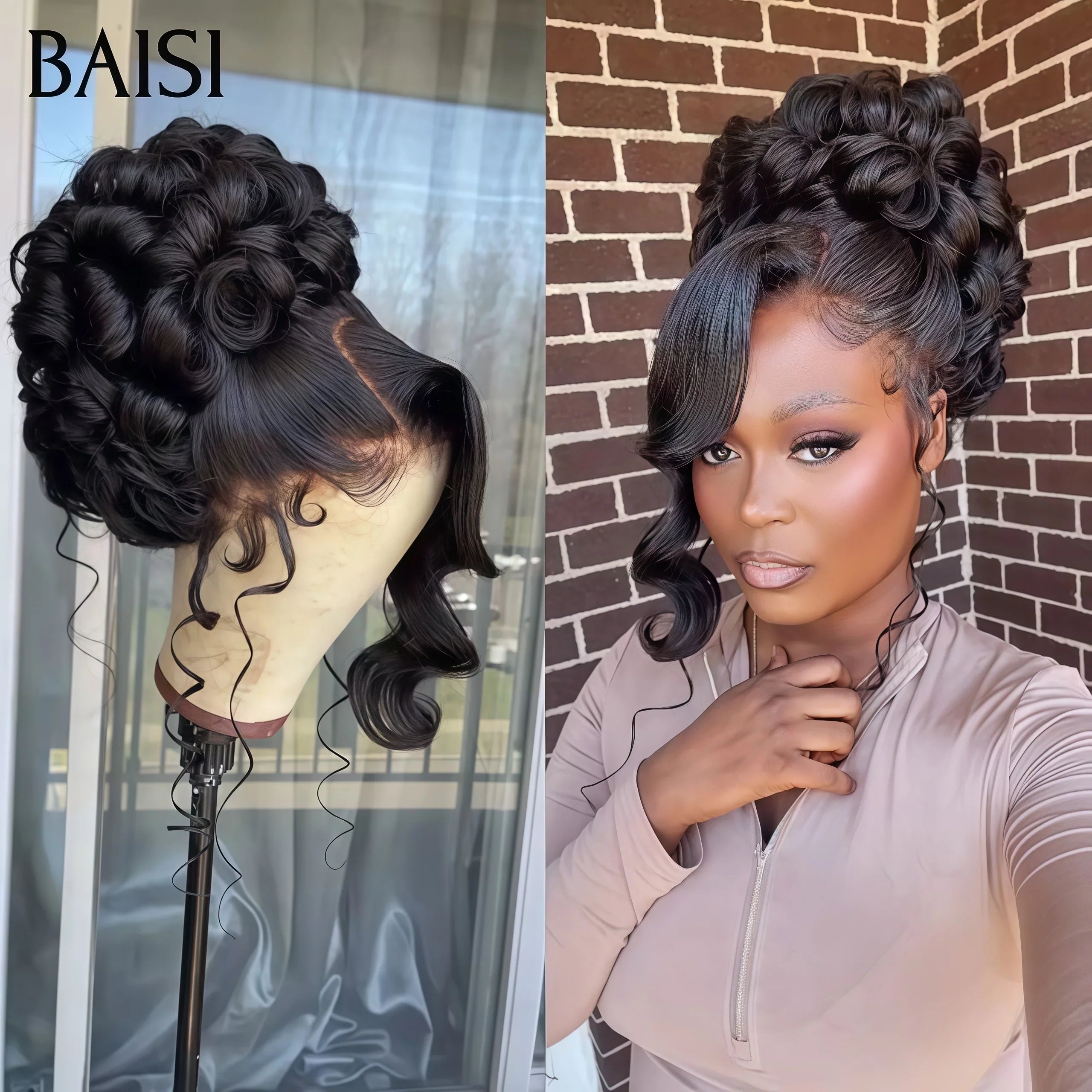 BAISI Coiffure de luxe Sally Perruques Mariage noir Prête à porter chignon et personalisation comme sur la vidéo 100% identique avec lace frontale événement spécial