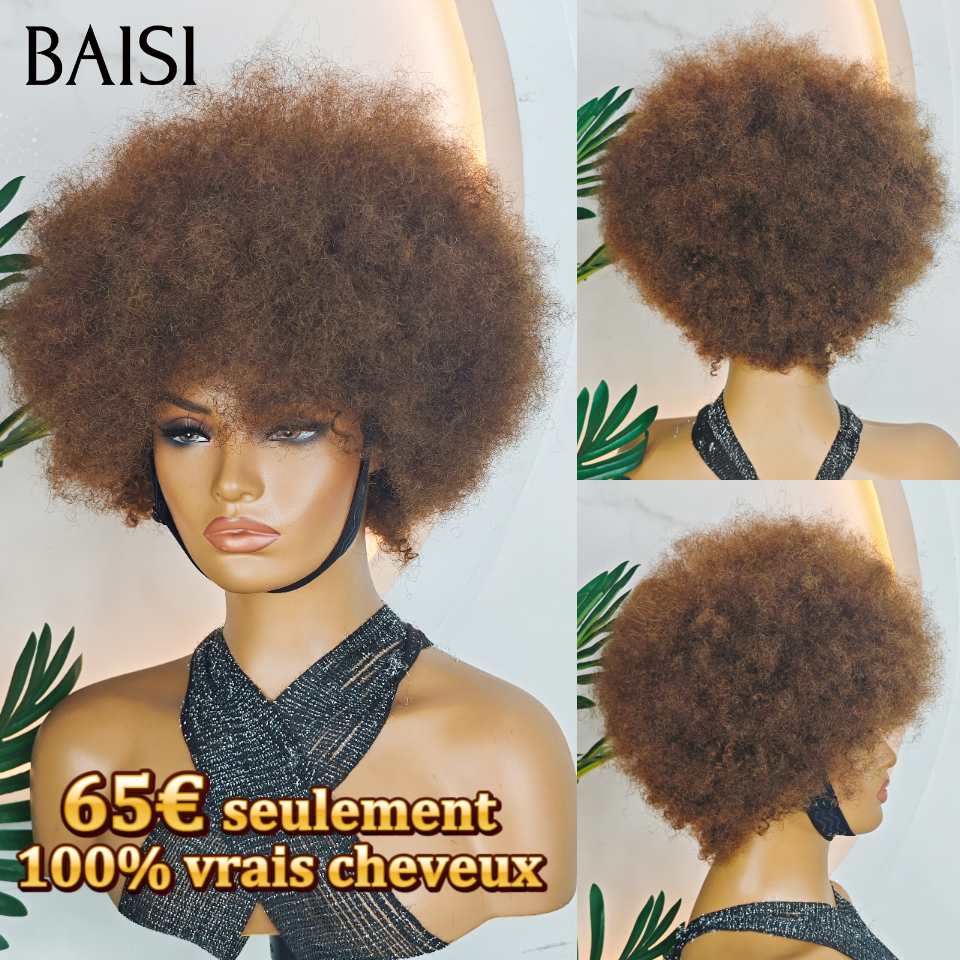 Perruque promo 65€ seulement afro frange Marron sans colle Fabriqué à la Machine en 100% Cheveux Humains