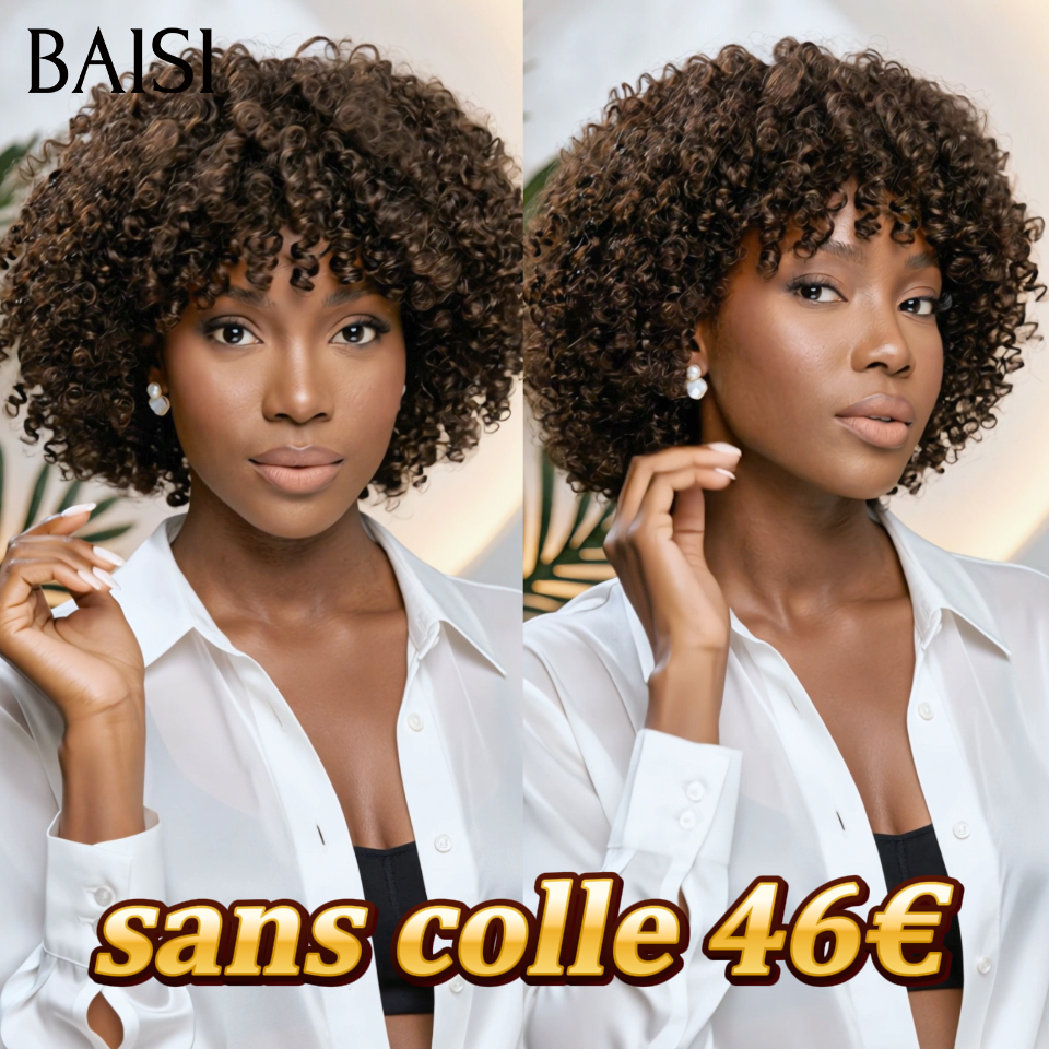 Perruque promo 46€ curly wave avec frange Marron 1BT4# sans colle Fabriqué à la Machine en 100% Cheveux Humains