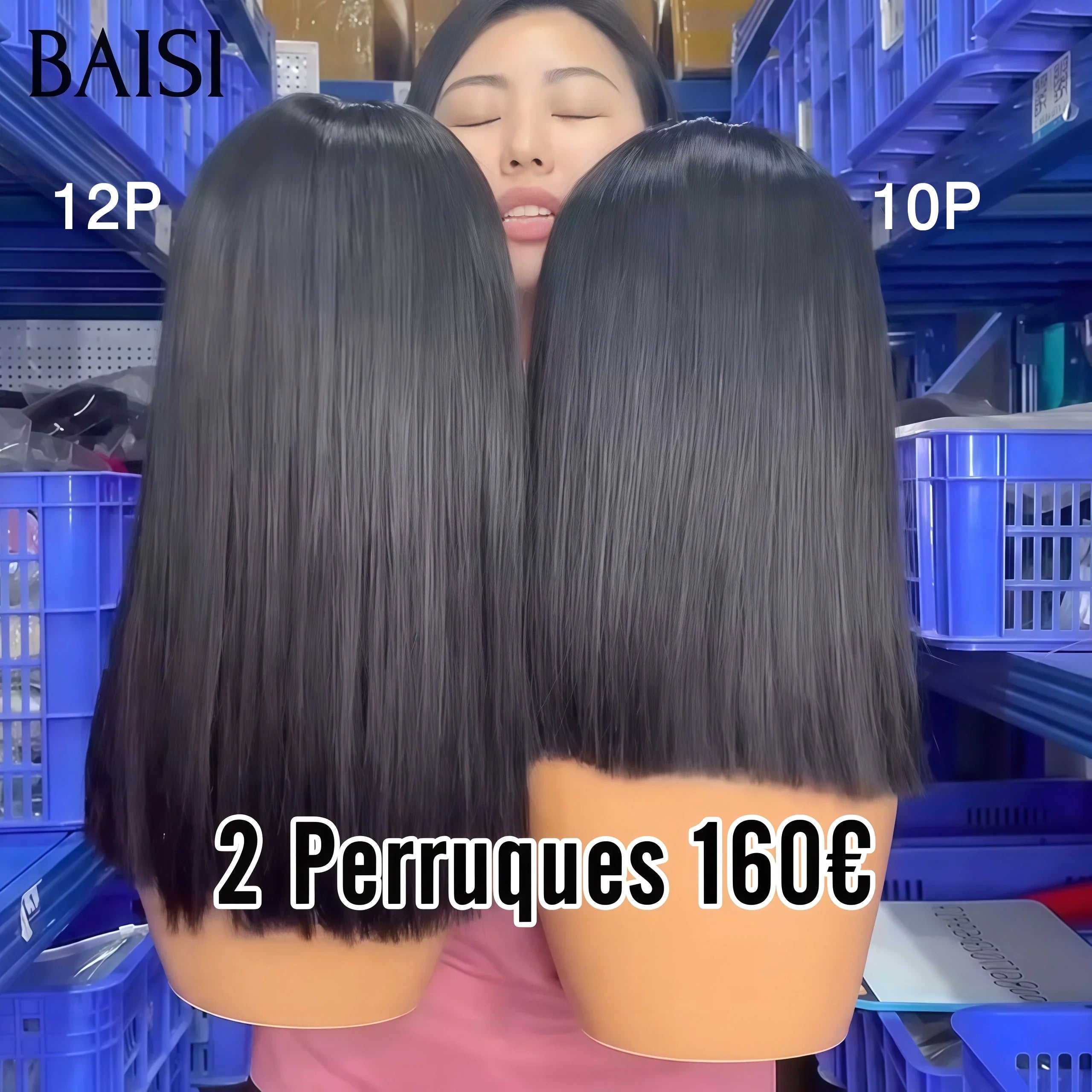 BAISI Lot de 2 perruques PROMOTION 160€ 2X6 lace closure 10-12 Pouces Lisse 250% Densité DE luxe NOIR en 100% vrais cheveux humains BS65