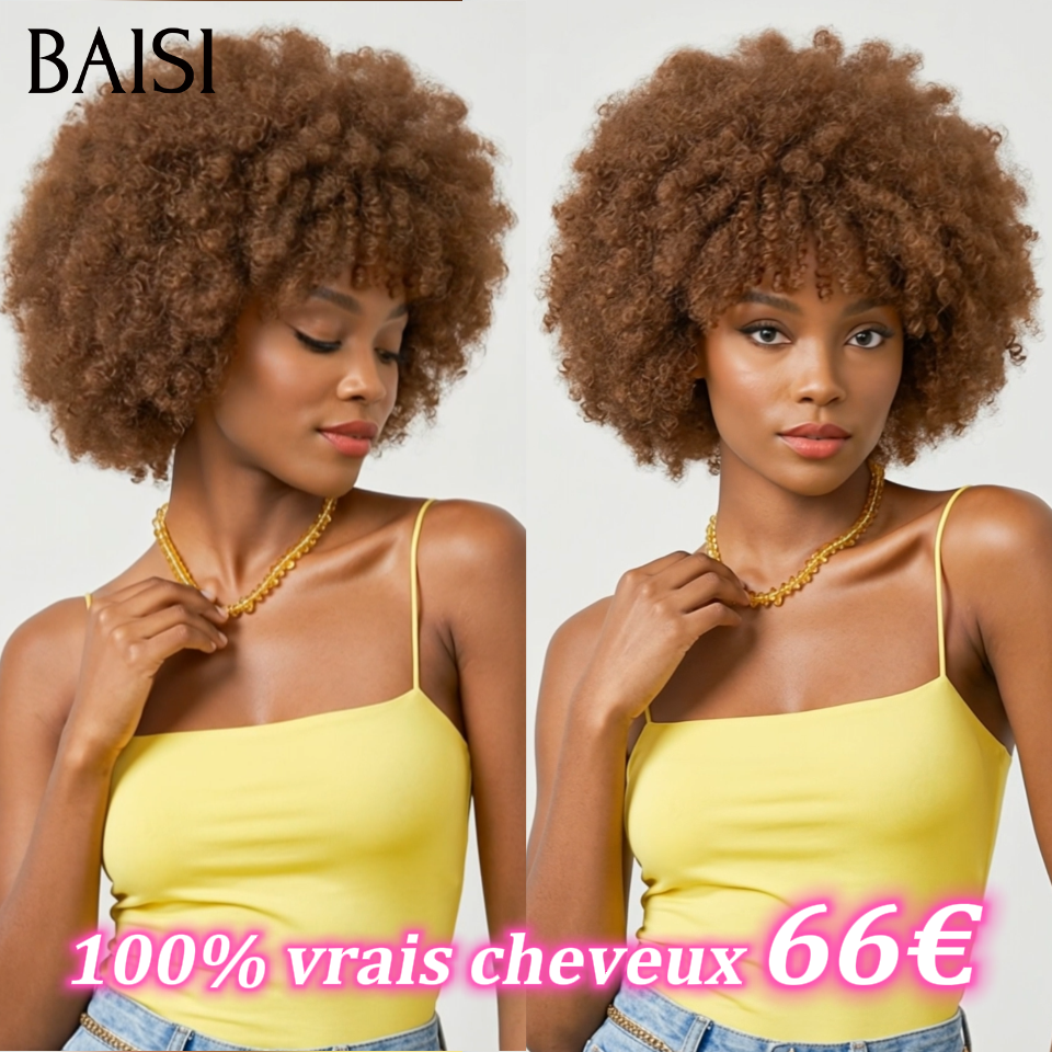 BAISI Moitié Prix Marron Sans lace afro avec Frange 66€ 100% Cheveux Humains Fabriqué à la Machine MP50