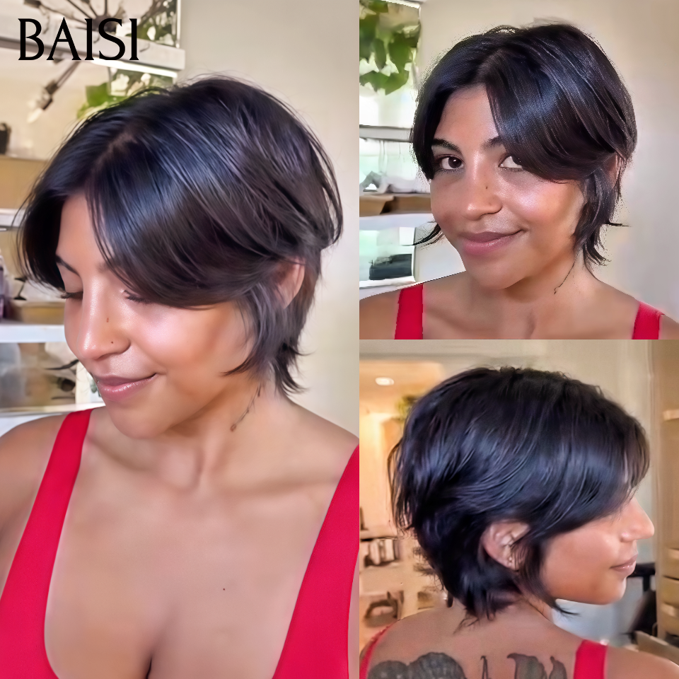 BAISI PROMO 59€ petite coupe fabriqué à la machine lisse en couleur noir En 100% Cheveux Humains