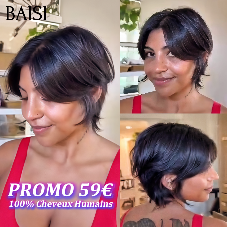 BAISI PROMO 59€ petite coupe fabriqué à la machine lisse en couleur noir En 100% Cheveux Humains