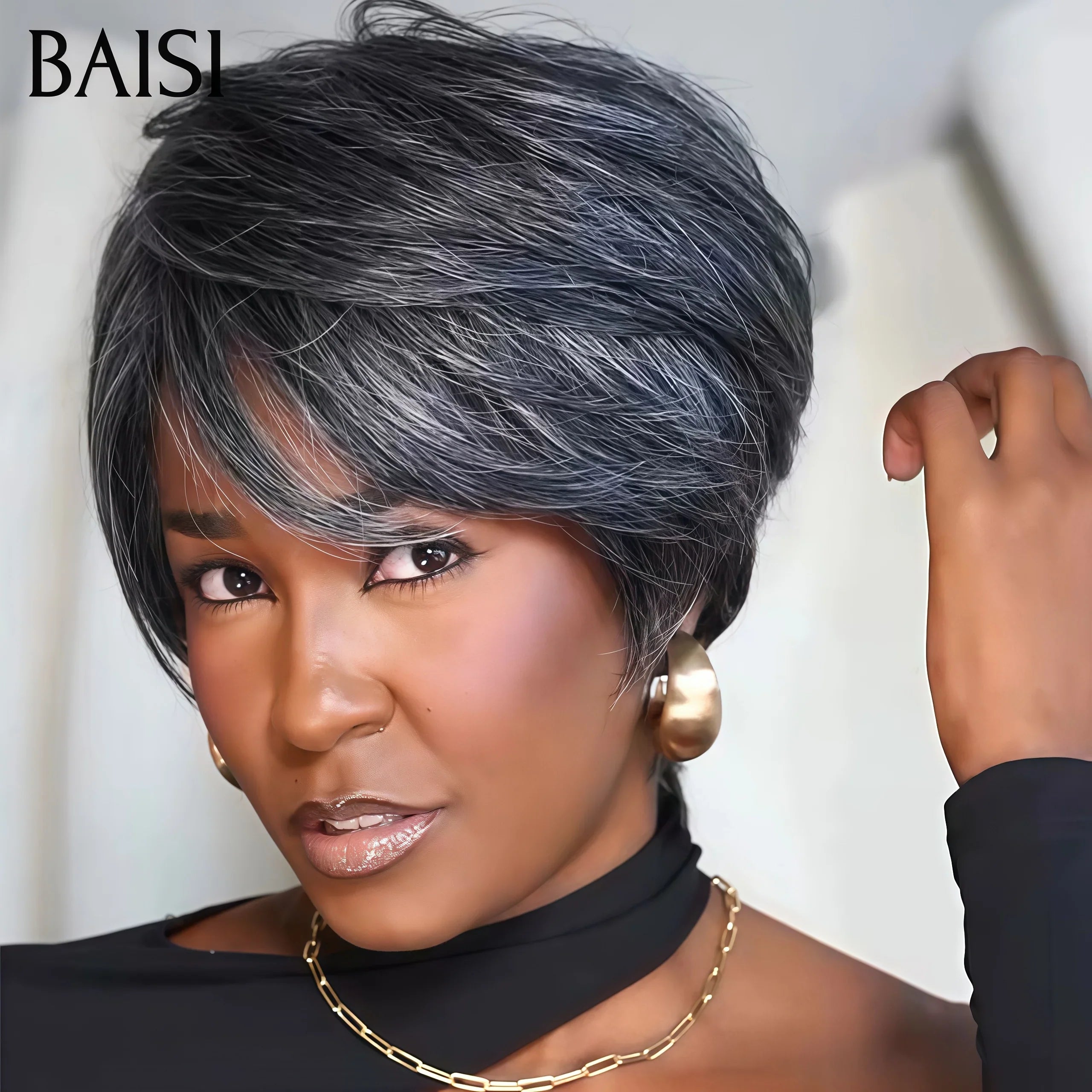 BAISI Collection Perruques Poivre et Sel pixie Lisse Gris naturelle style parisien intemporel sans colle en 100% Cheveux Humains BS30