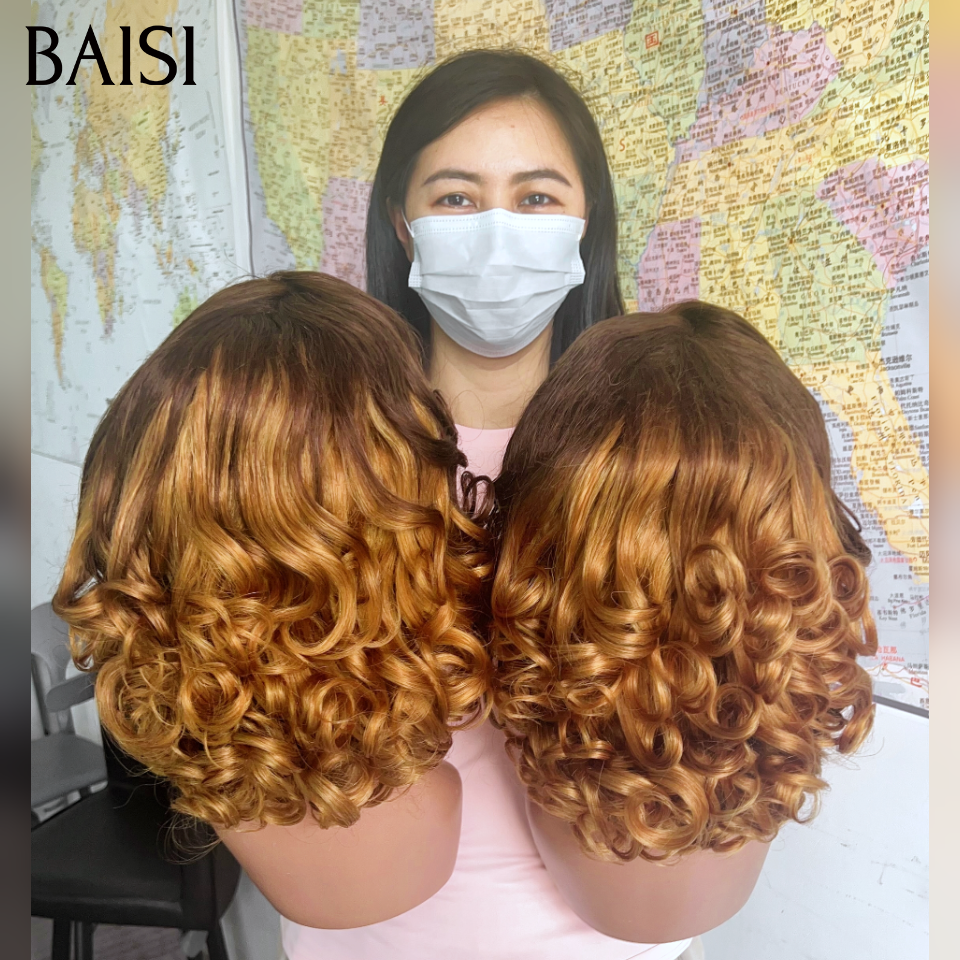 Promotion 13x4 lace frontal Perruque boucle egg wave 100% Vietnam Hair 12 Pouces 100€ BOB en couleur Marron 4T30# en 100% Cheveux Humains