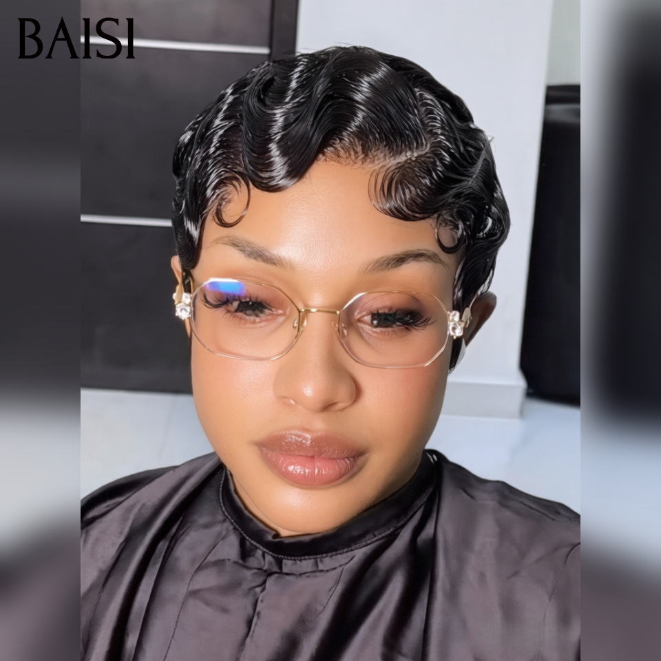 BAISI Perruque Pixie sans colle en couleur Noir water wave 46€ fabriqué à la machine ou 13x4 lace frontale 66€ en 100% cheveux humains