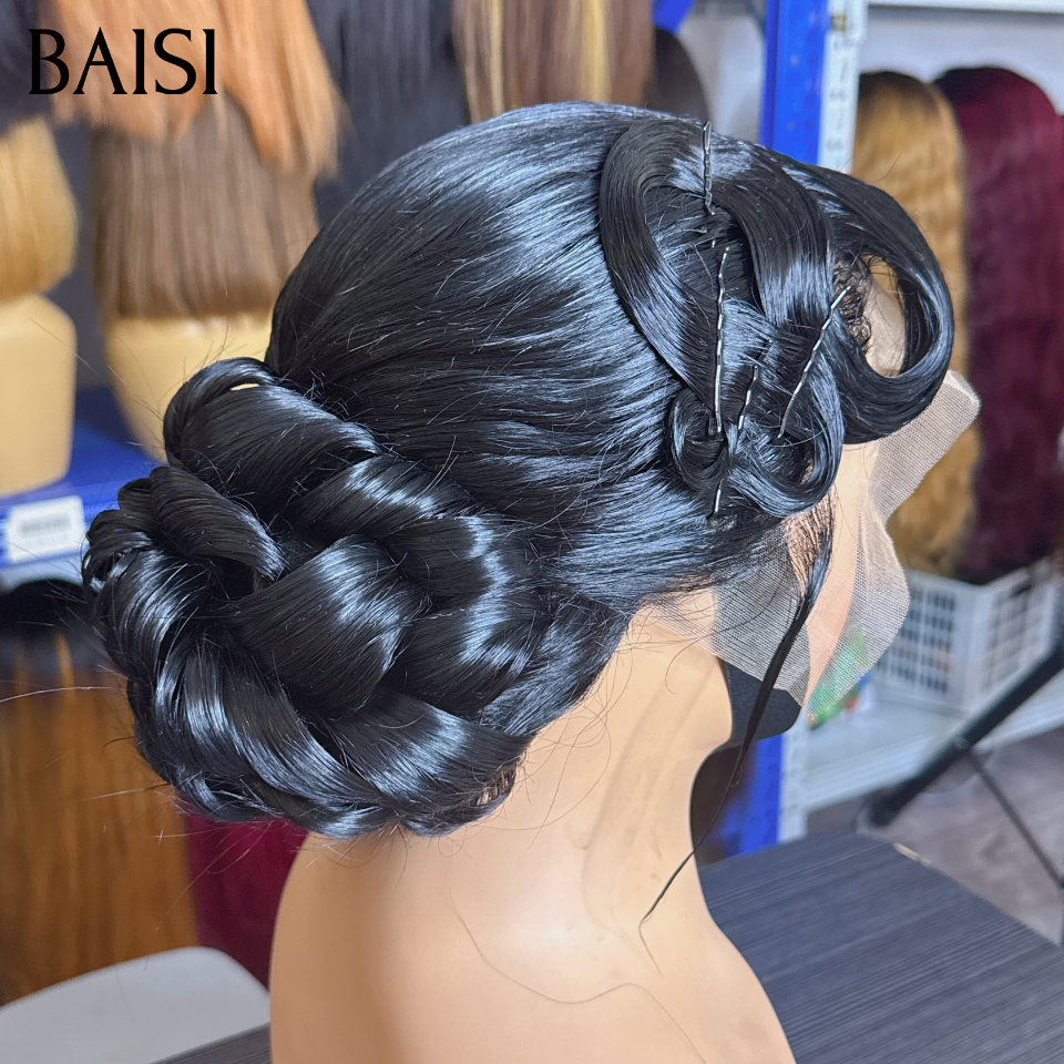 BAISI Perruque Coiffée 180€ 13X4 lace frontale de luxe Mariage noir Prête à porter chignon et personalisation événement spécial