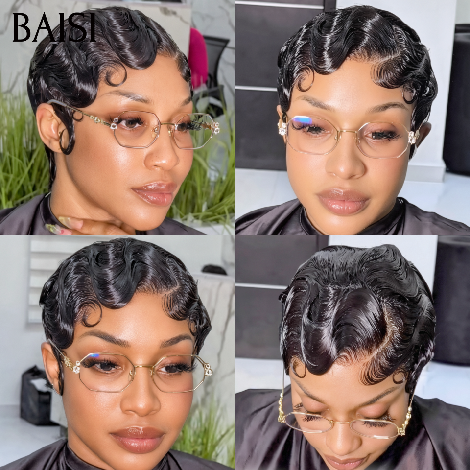 BAISI Perruque Pixie sans colle en couleur Noir water wave 46€ fabriqué à la machine ou 13x4 lace frontale 66€ en 100% cheveux humains