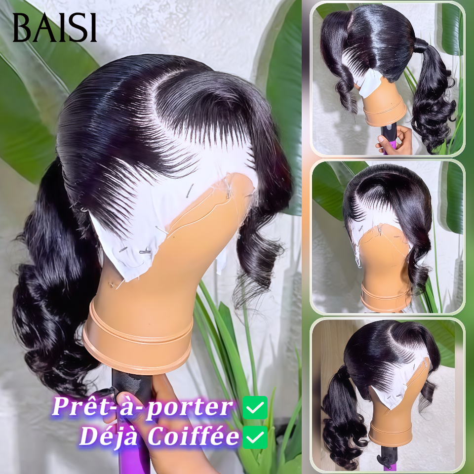 Déjà Coiffée 18 pouce 129€ 13x4 lace frontal body wave avec Queue de Cheval Pré-plucked Pas Besoin de Colle en 100% Raw Hair Lace déjà couper