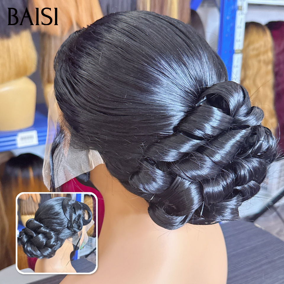 BAISI Perruque Coiffée 180€ 13X4 lace frontale de luxe Mariage noir Prête à porter chignon et personalisation événement spécial