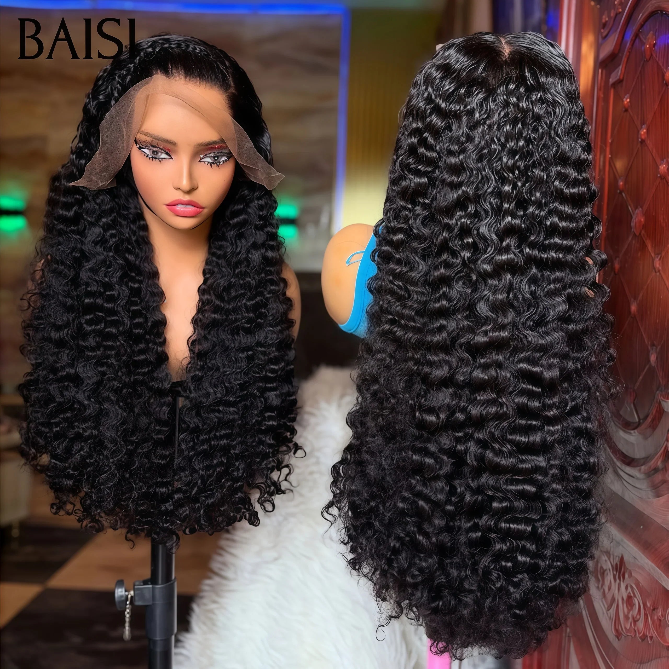 BAISI 13X4 lace perruque curly Petite natte frisé frontale 24Pouces identique à la photo NOIR 100% cheveux humains FR40