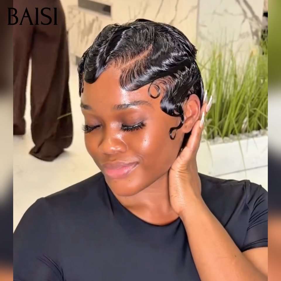Vente flash 46€ Perruques pixie Sans Colle Fabriqué à la Machine Facile à porter ou Avec frontale 66€ en 100% Cheveux Humains