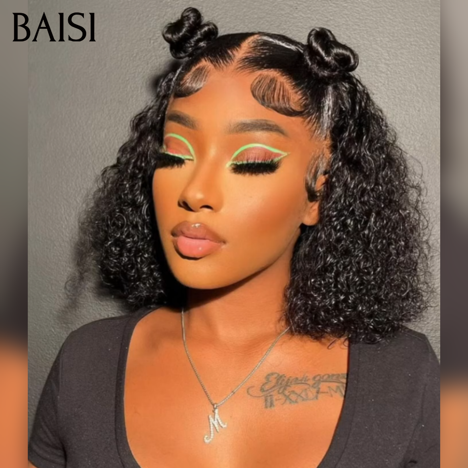 Perruque coiffée 14 pouce 99€ bob 13x4 lace frontal curly wave avec Queue de Cheval natte NOIR en 100% Cheveux Humains